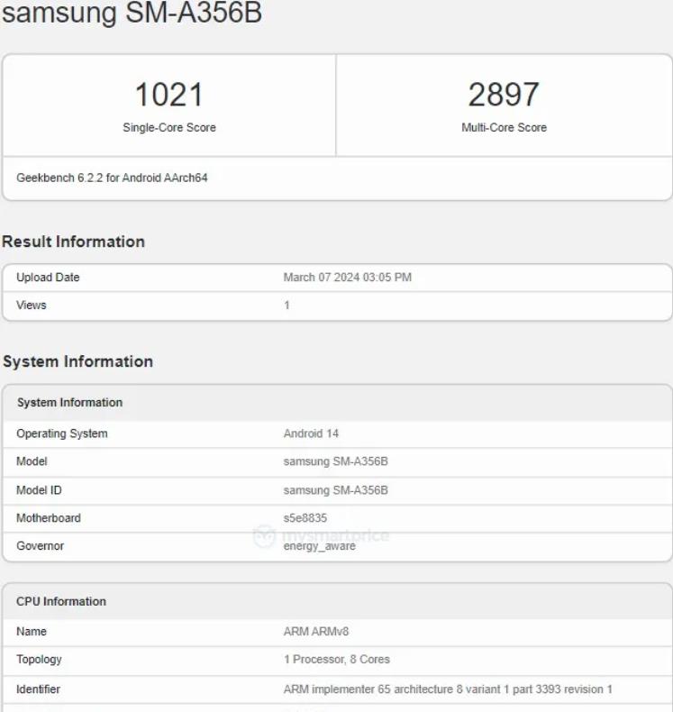 三星Galaxy A35 5G全球機型現身Geekbench 帶有6GB RAM(圖1)